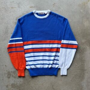 Vintage 80s Antigua Color Block Sweater Size Medium Blue Striped Grandpa Knit